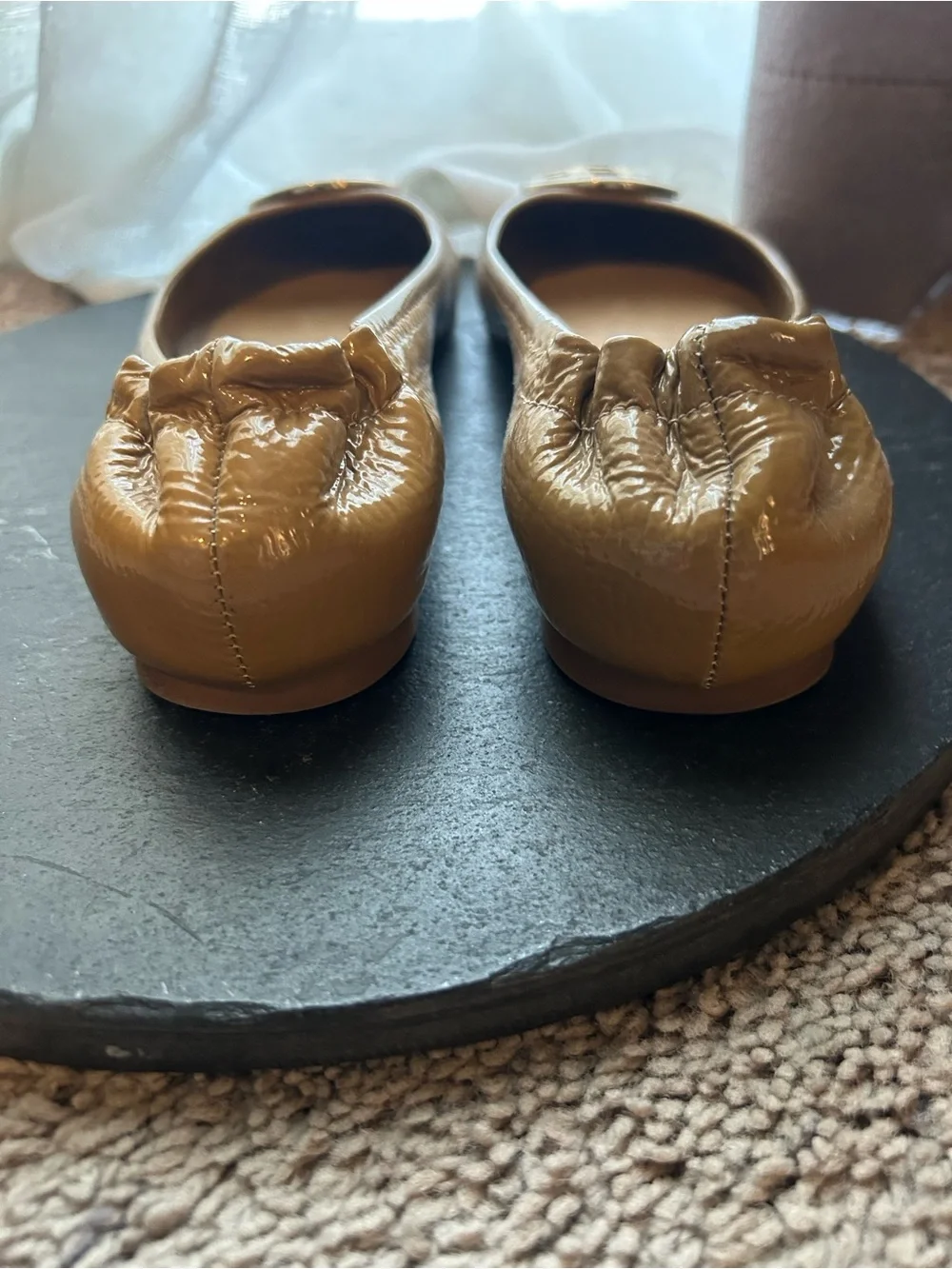 Tory Burch Tan Leather Logo Ballet Flats with Gold Medallions